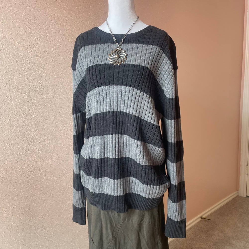 2000s Grunge‎ Gorp Grey Striped Slouchy Sweater